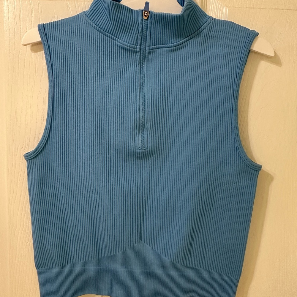 Blue Ribbed Fitted Sleeveless Tank Top